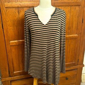 CAbi🤎Striped Brown & Black Lightweight Asymmetrical SWEATER🖤CUTE Back Size SMALL